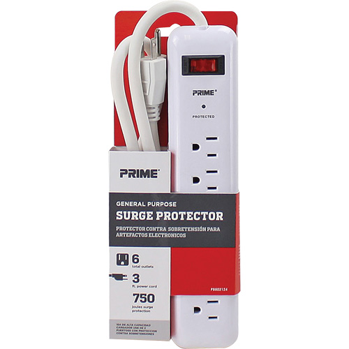 Protecteurs de surtension, 6 Prises, 750 J, 1875, Cordon 3' Pryde Industrial Inc.