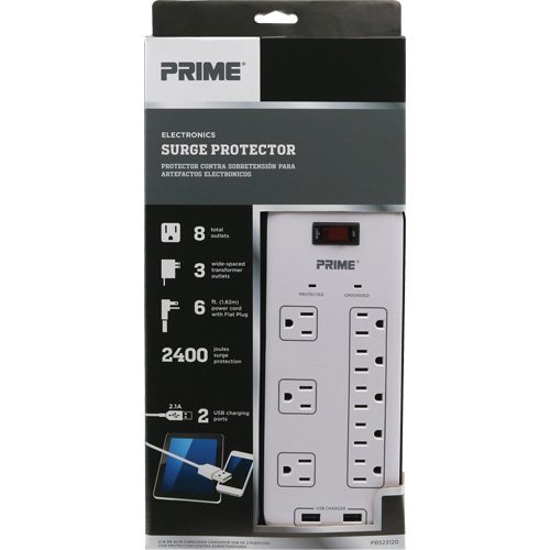 USB Charging Surge Protectors, 8 Outlets, 2400 J, 1875 W, 6' Cord Pryde Industrial Inc.