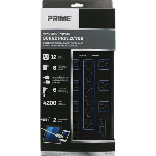 Limiteurs de surtension avec chargeur USB, 12 Prises, 4200 J, 1875 W, Cordon 6' Pryde Industrial Inc.