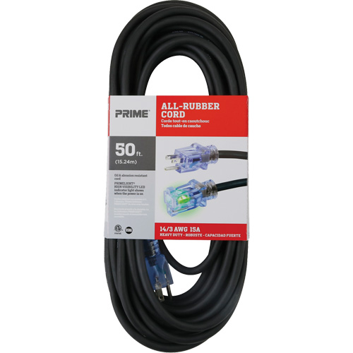 All-Rubber Extension Cord, Outdoor, SJOOW, 14/3 AWG, 15 A, 50' Pryde Industrial Inc.