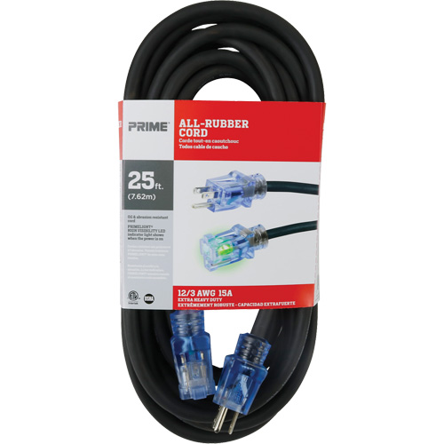 All-Rubber Extension Cord, Outdoor, SJOOW, 12/3 AWG, 15 A, 25' Pryde Industrial Inc.