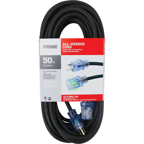 All-Rubber Extension Cord, Outdoor, SJOOW, 12/3 AWG, 15 A, 50' Pryde Industrial Inc.