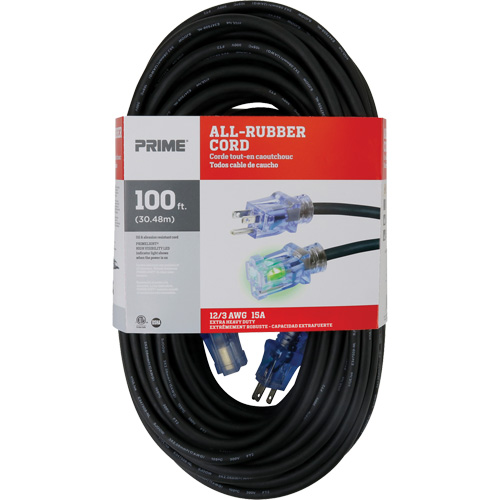 All-Rubber Extension Cord, Outdoor, SJOOW, 12/3 AWG, 15 A, 100' Pryde Industrial Inc.