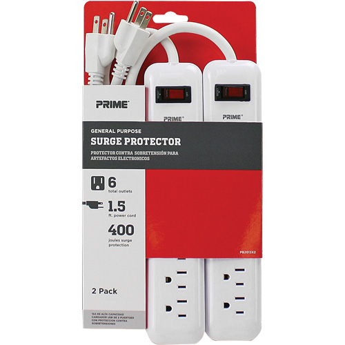 Barre multiprise limiteur de surtension, paquet de 2, 6 Prises, 400 J, 1875 W, Cordon 1,5' Pryde Industrial Inc.