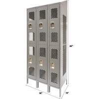 Vented Lockers, 2 -tier, Bank of 3, 36 x 18" x 88", Steel, Grey, Knocked Down, Perforated Pryde Industrial Inc.