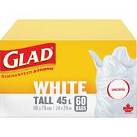 Tall 45L Unscented Garbage Bags, Regular, 24" W x 28" L, White Pryde Industrial Inc.