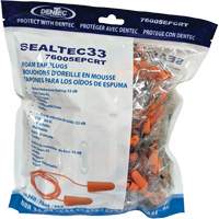 Bouchons d'oreilles coniques jetables en mousse de PU orange SEALTEC33, Vrac - Sac en poly, Avec cordon Pryde Industrial Inc.